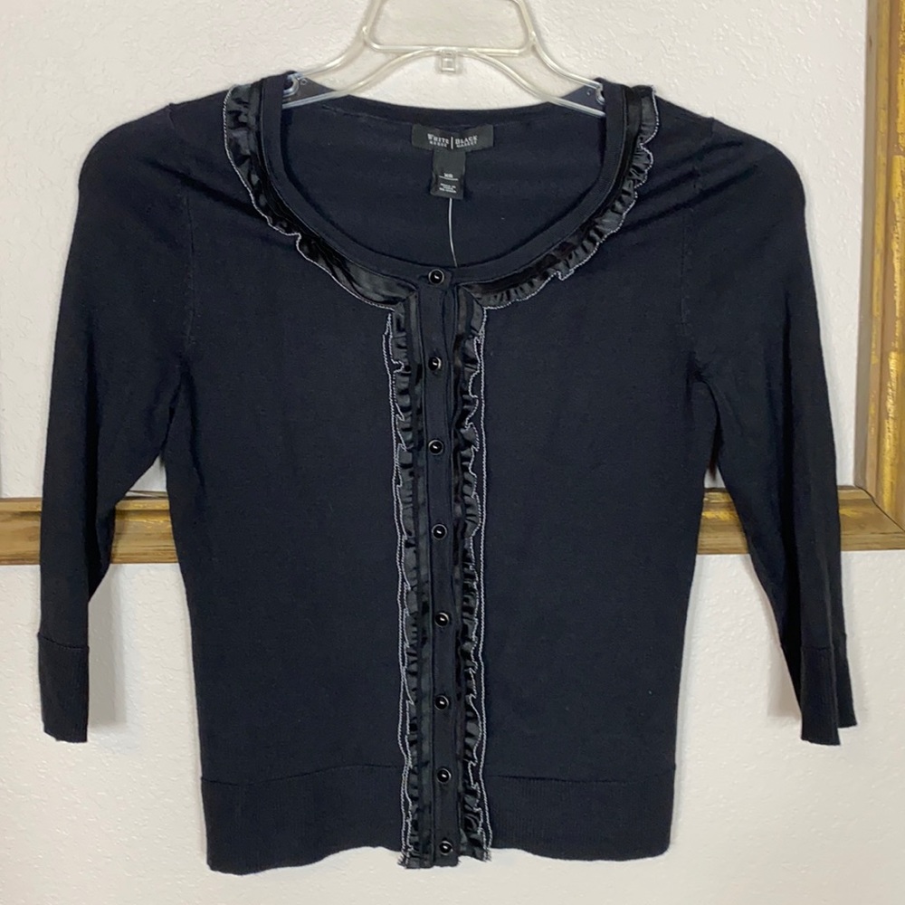 WHBM Black 3/4 Sleeve Cardigan Ruffle Neck XS NWT